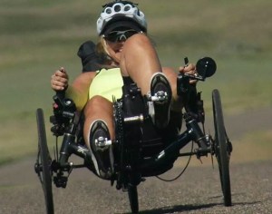 Catherine (Cat) Brubaker riding her recumbent tricycle on 5,200 mile diagonal crossing of USA - from Washinton (state) to Florida
